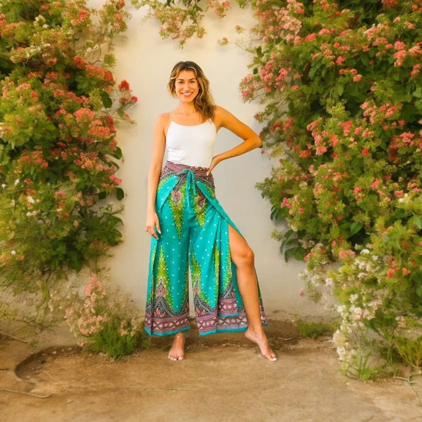 Green Peacock Palazzo Wrap Pants