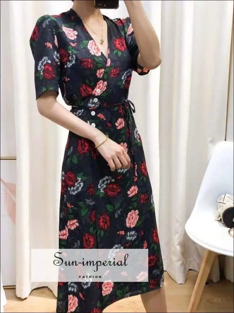 Green Warp Floral Print Midi Dress Short Sleeve V-neck Eu