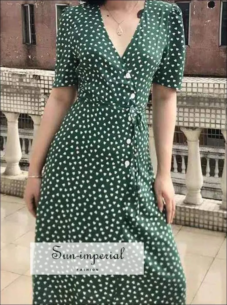 Green Warp Floral Print Midi Dress Short Sleeve V-neck Eu