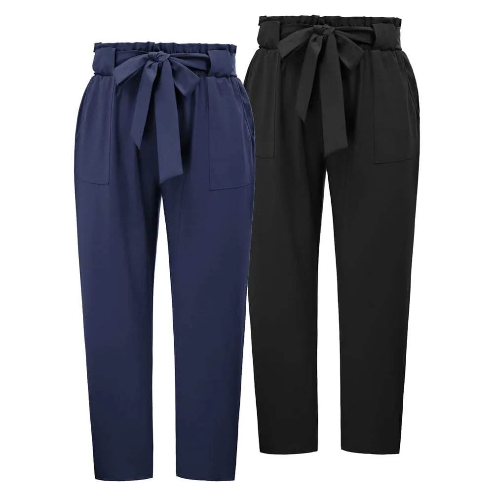 HN Women 2pcs-Pack Cropped Pants with Belt Casual Elastic Waist Capris