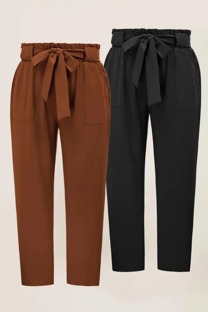 HN Women 2pcs-Pack Cropped Pants with Belt Casual Elastic Waist Capris