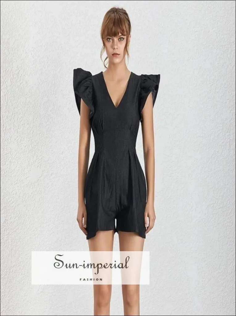 Hollywood Romper - Black Short Jumpsuit for Women V Neck Ruffle Sleeve High Waist