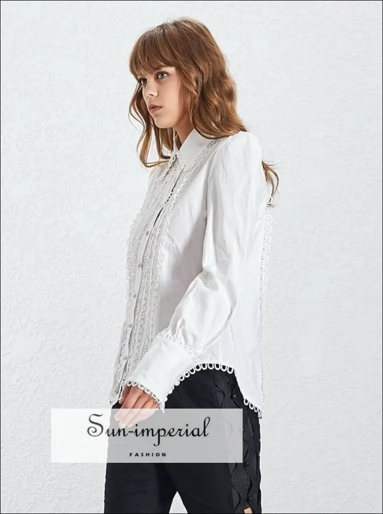 Jayda top - Elegant Lace White Blouse for Women Lapel Long Sleeve Loose Shirt