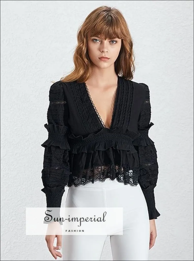 Jenna top - V Neck Women Blouse Lantern Sleeve Ruffles Slim Solid Blouse