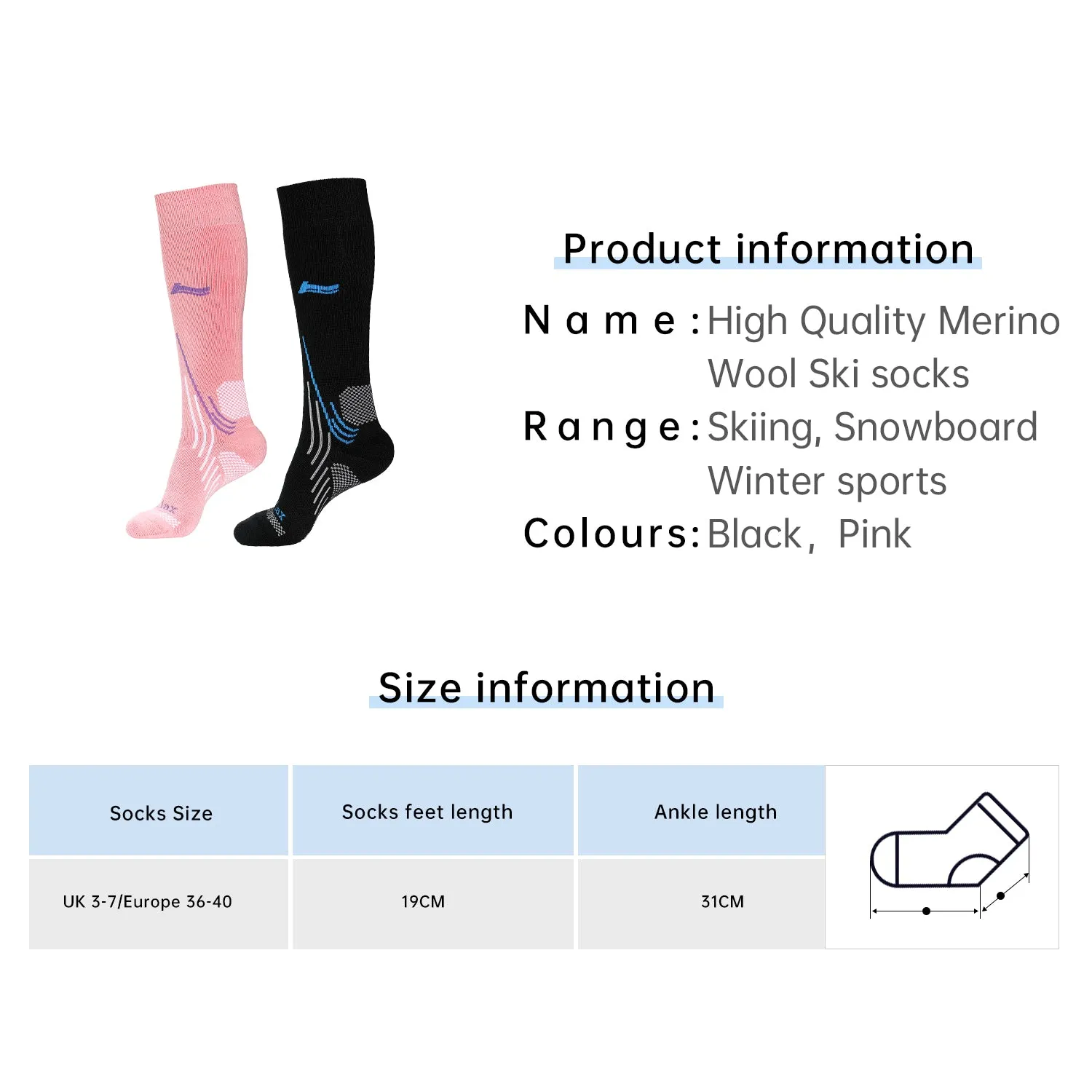 Laulax Ladies 2 Pairs High Quality Merino Wool Ski Socks, Gift Set, Size UK 3 - 7 / Europe 36 - 40, Black, Pink