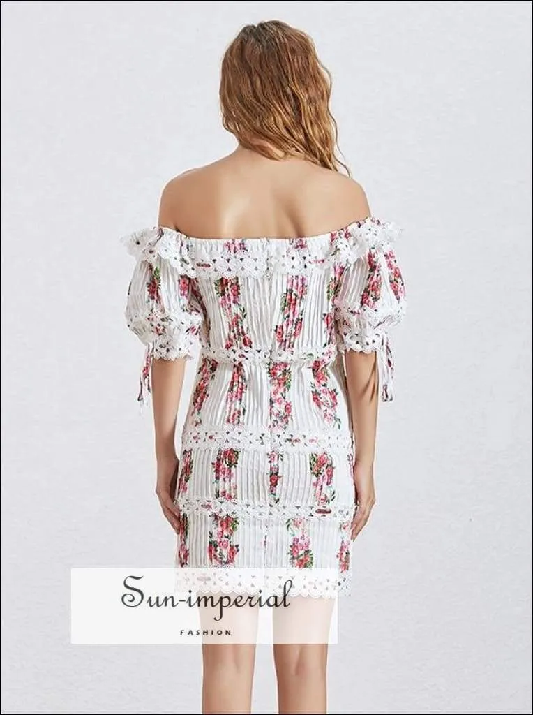 Le Tampon Dress - Print Dress for Women Slash Neck Lantern Sleeve High Waist Lace Mini Short