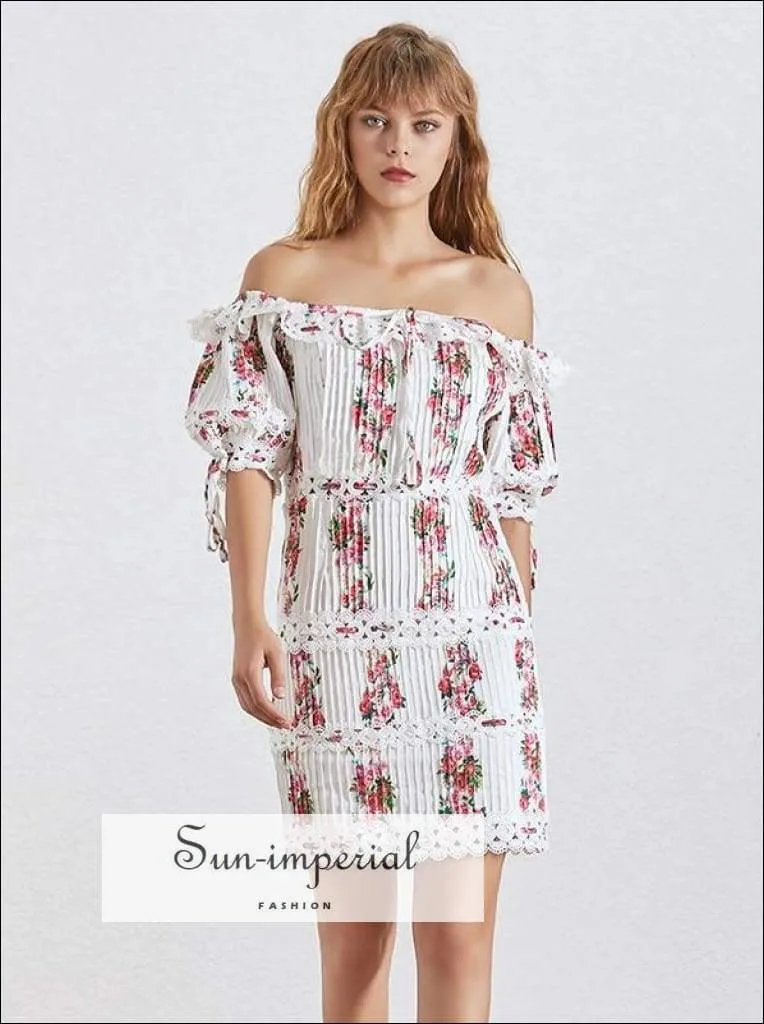 Le Tampon Dress - Print Dress for Women Slash Neck Lantern Sleeve High Waist Lace Mini Short