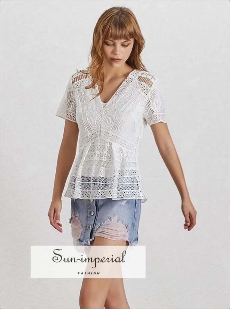 Leslie top - Women Lace White Blouse V Neck Short Sleeve