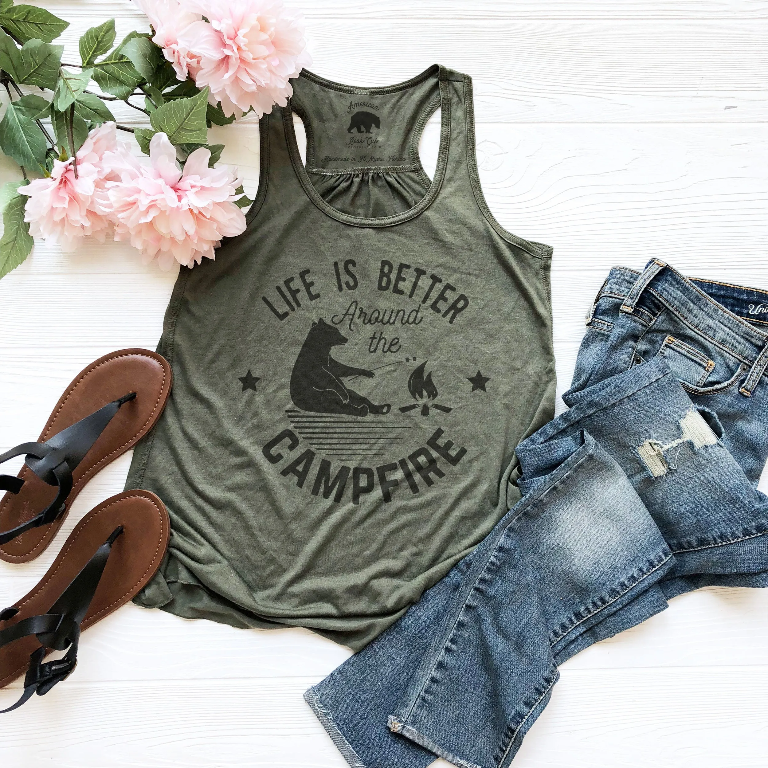 Life is Better Around the Campfire flowy racerback tank tops