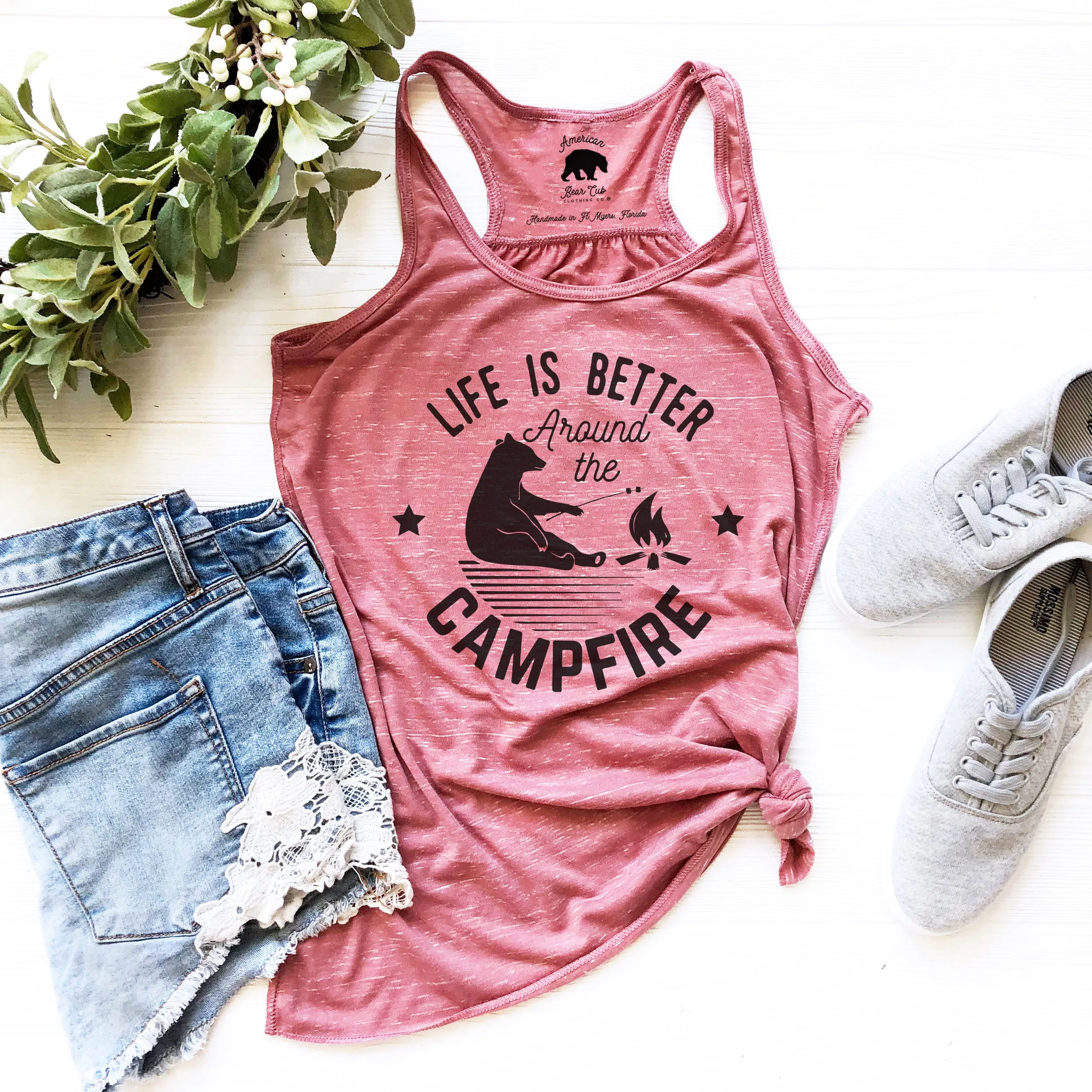 Life is Better Around the Campfire flowy racerback tank tops