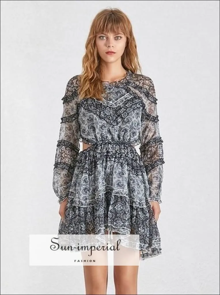 Lille Dress- Vintage Backless Floral Print Dress Three Quarter Sleeve High Waist Ruffles Mini Dress