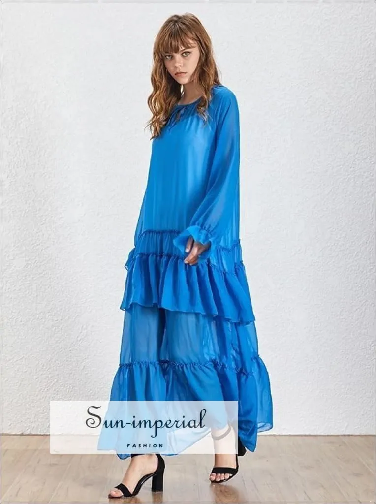 Lucy Dress- Solid Blue Sheer Maxi Dress O Neck Lantern Sleeve Oversize Ruffles Dress