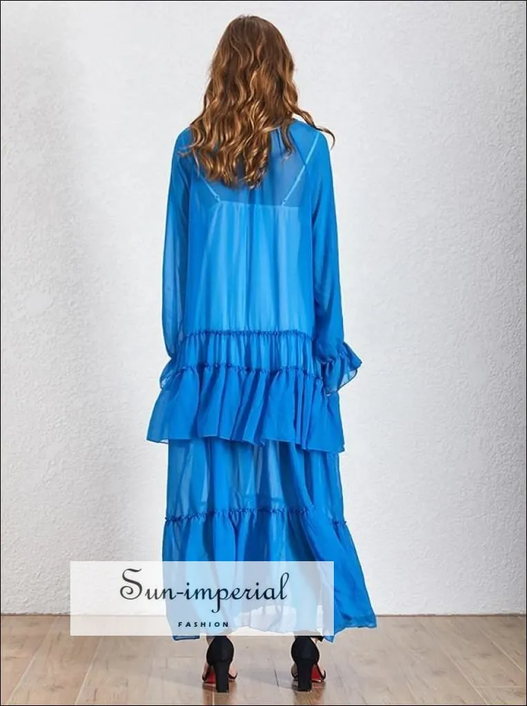 Lucy Dress- Solid Blue Sheer Maxi Dress O Neck Lantern Sleeve Oversize Ruffles Dress