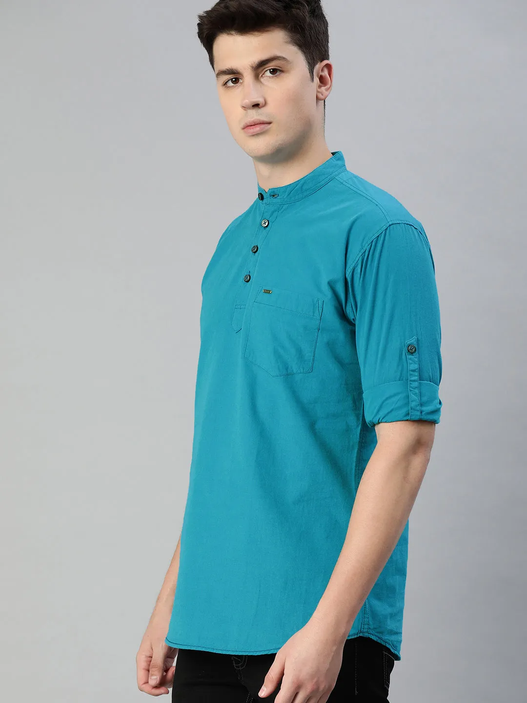 Men Teal Blue Slim Fit Solid Casual Shirt