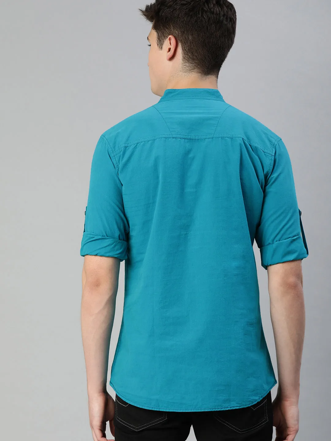 Men Teal Blue Slim Fit Solid Casual Shirt