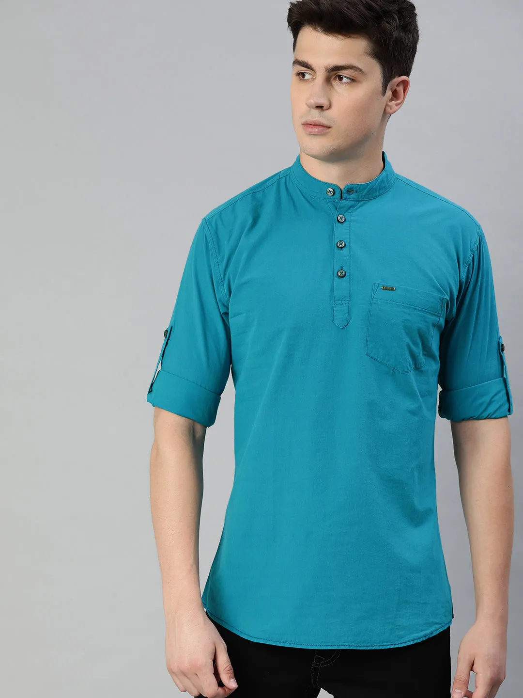 Men Teal Blue Slim Fit Solid Casual Shirt