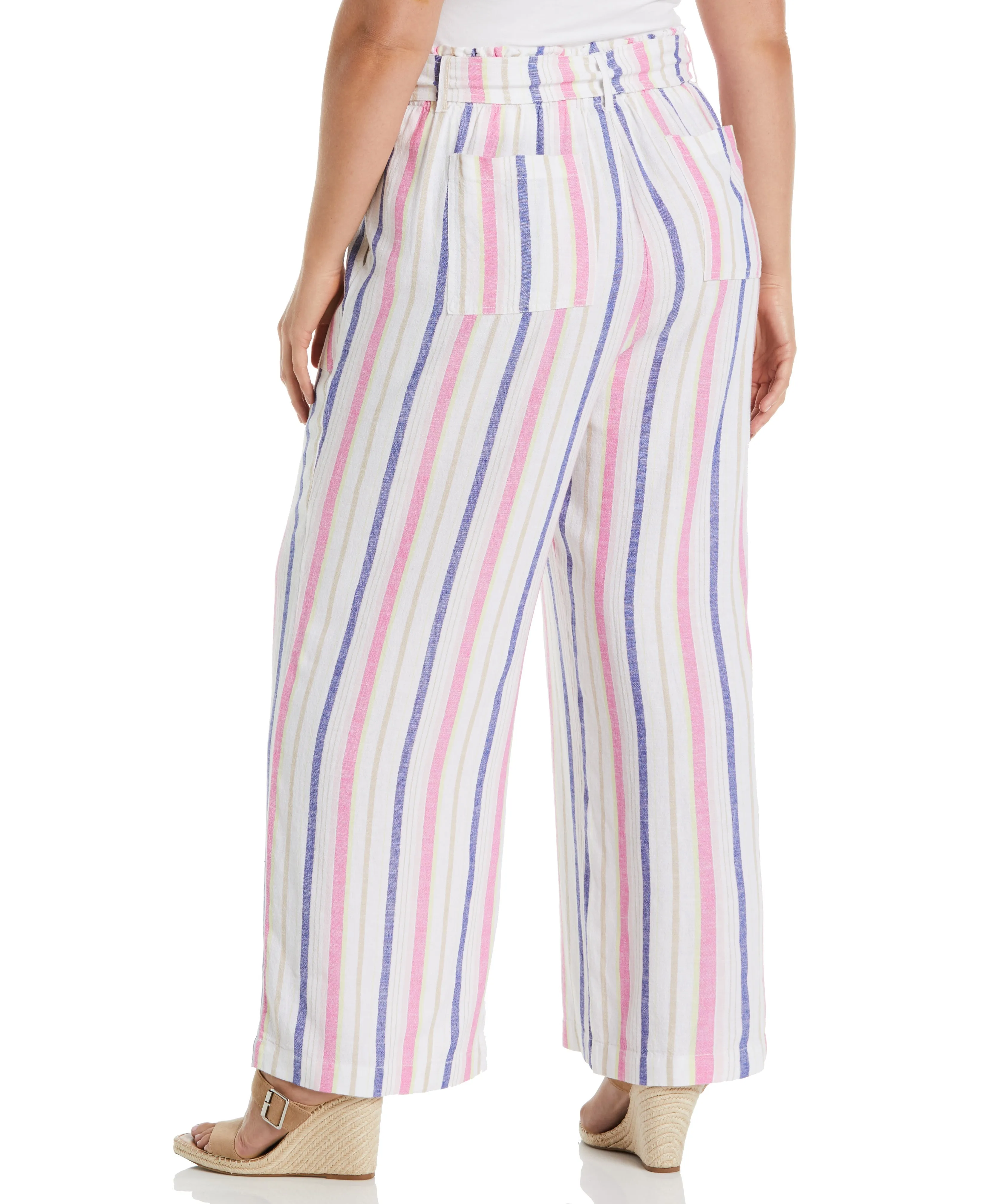 Plus Size Stripe Wide Leg Linen Blend Paper Bag Pant