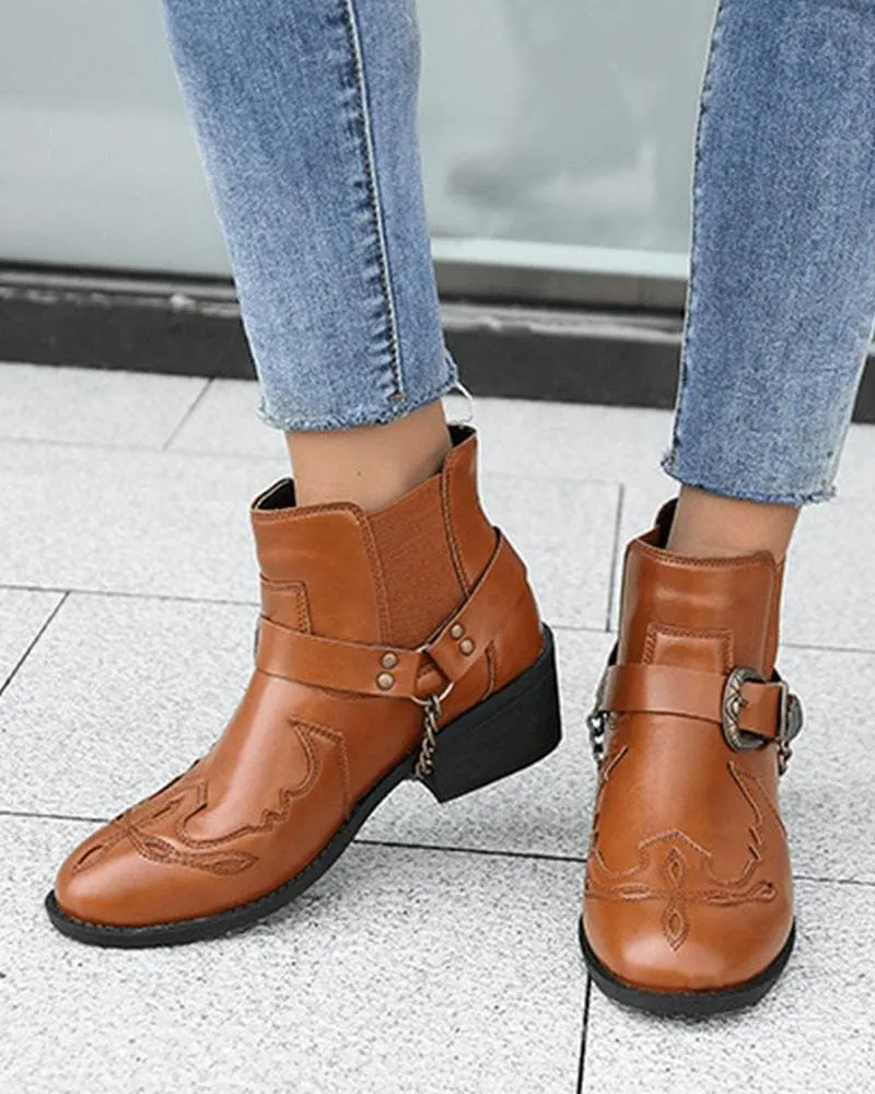 Retro Buckle Decoration Slip On Ankle Boots