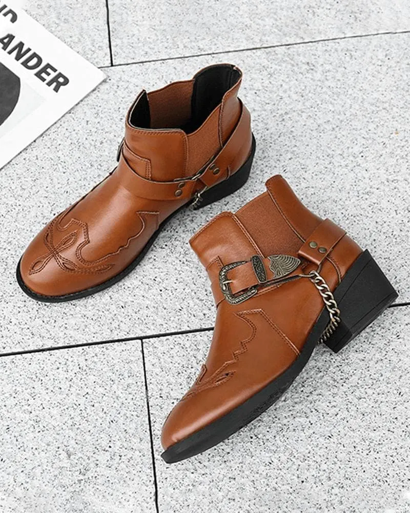 Retro Buckle Decoration Slip On Ankle Boots