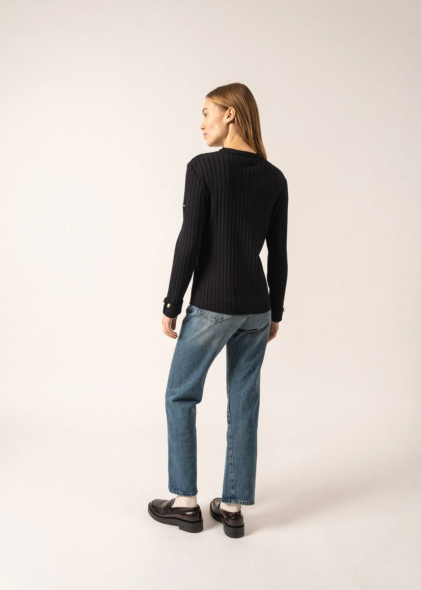 Rivage Flat Ribbed Jumper - round neck, in wool (NAVY)