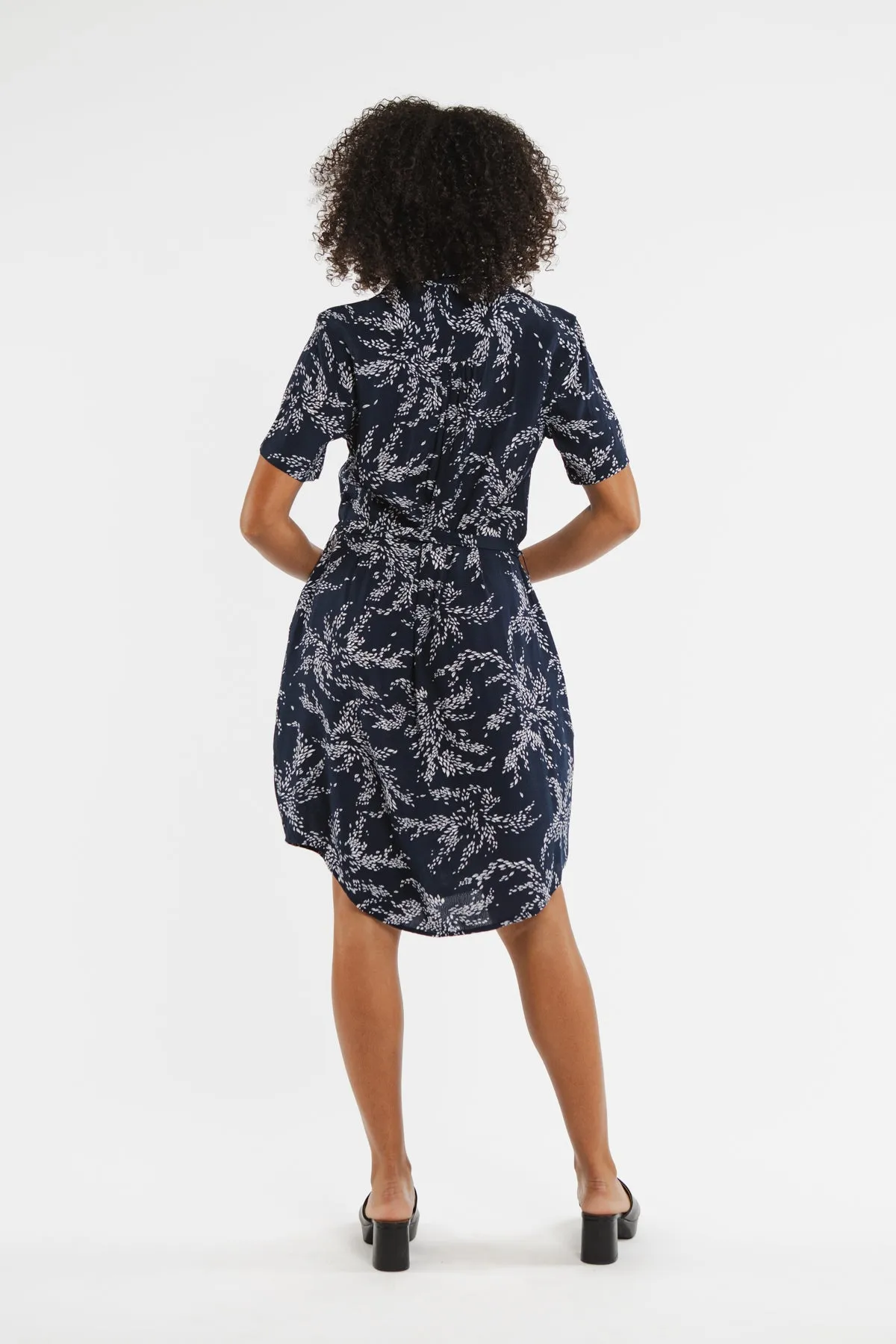 Sofia Navy Leaf Print Shirt Dress