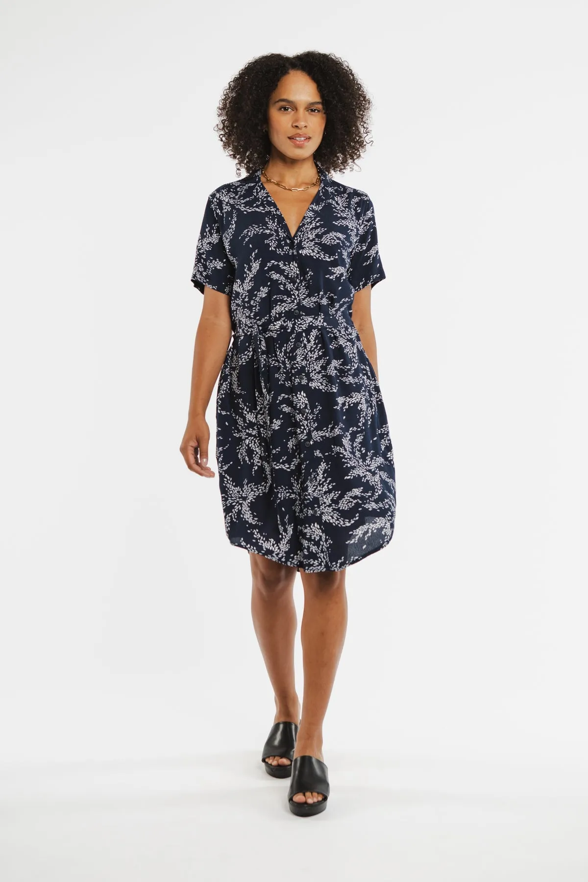 Sofia Navy Leaf Print Shirt Dress