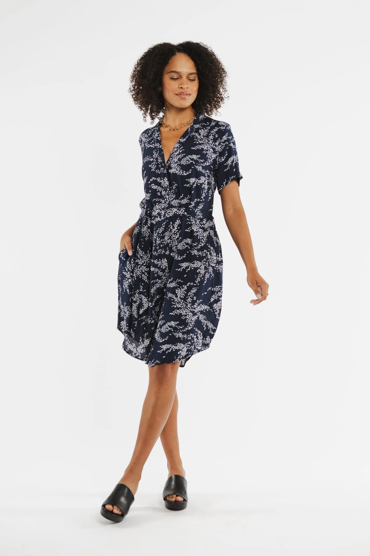 Sofia Navy Leaf Print Shirt Dress