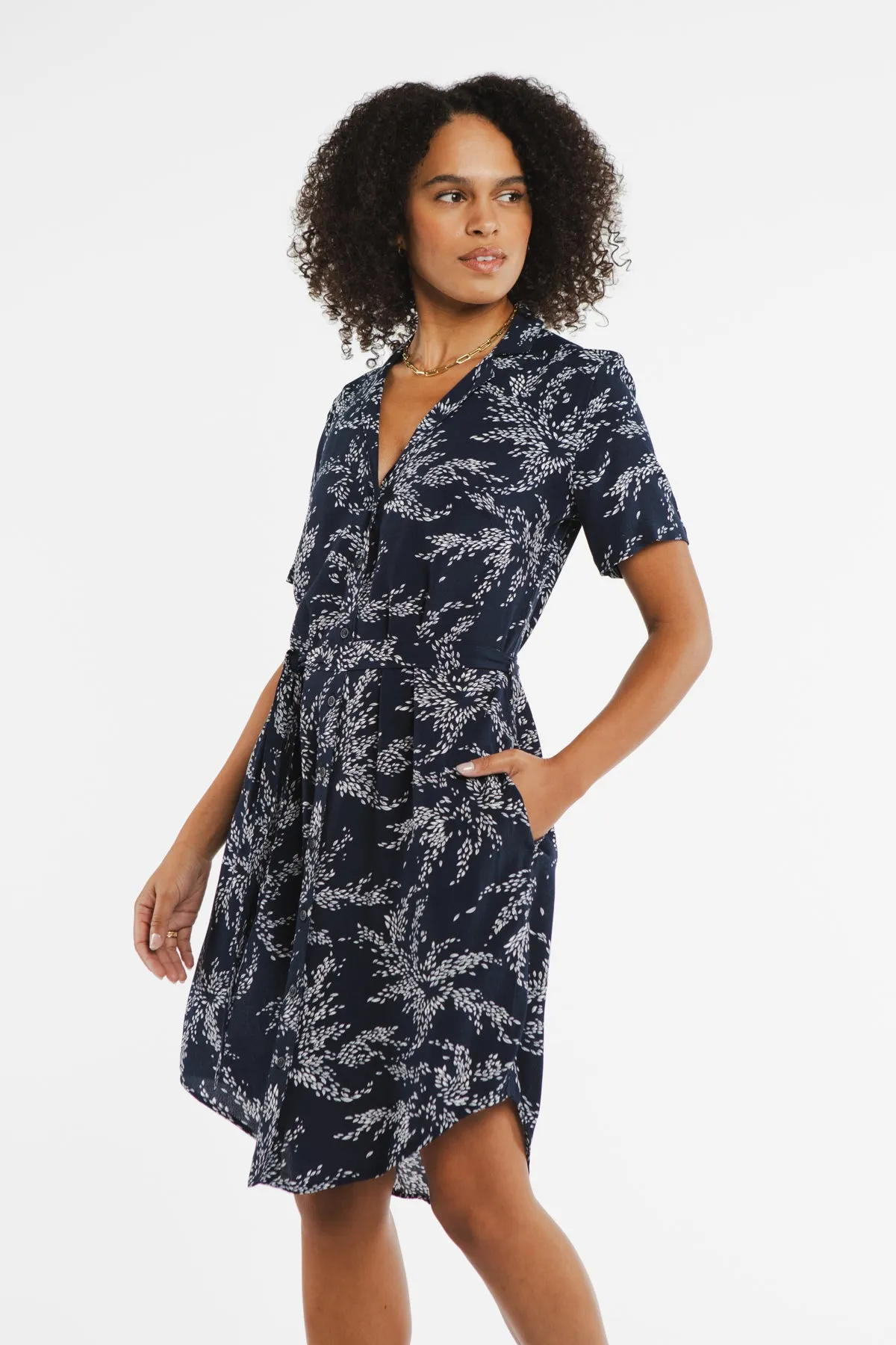 Sofia Navy Leaf Print Shirt Dress