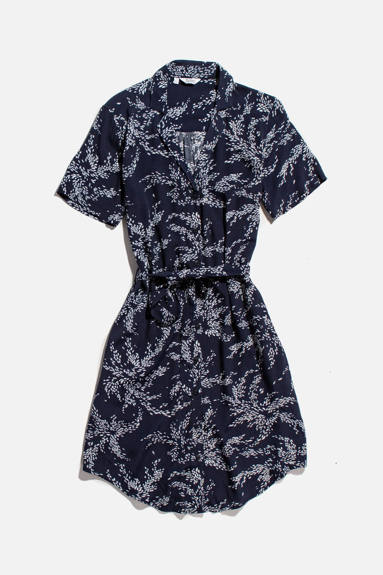 Sofia Navy Leaf Print Shirt Dress