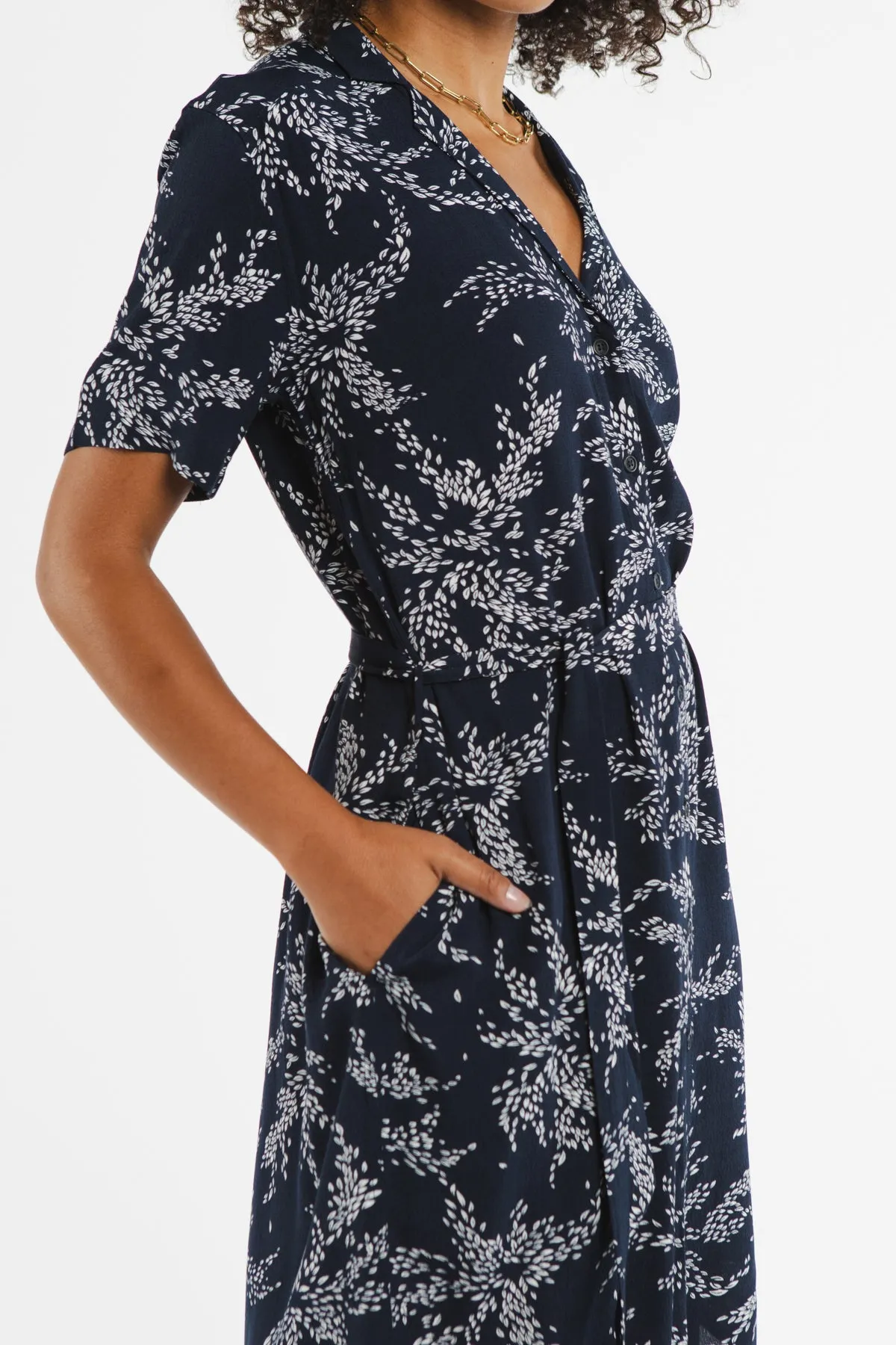 Sofia Navy Leaf Print Shirt Dress