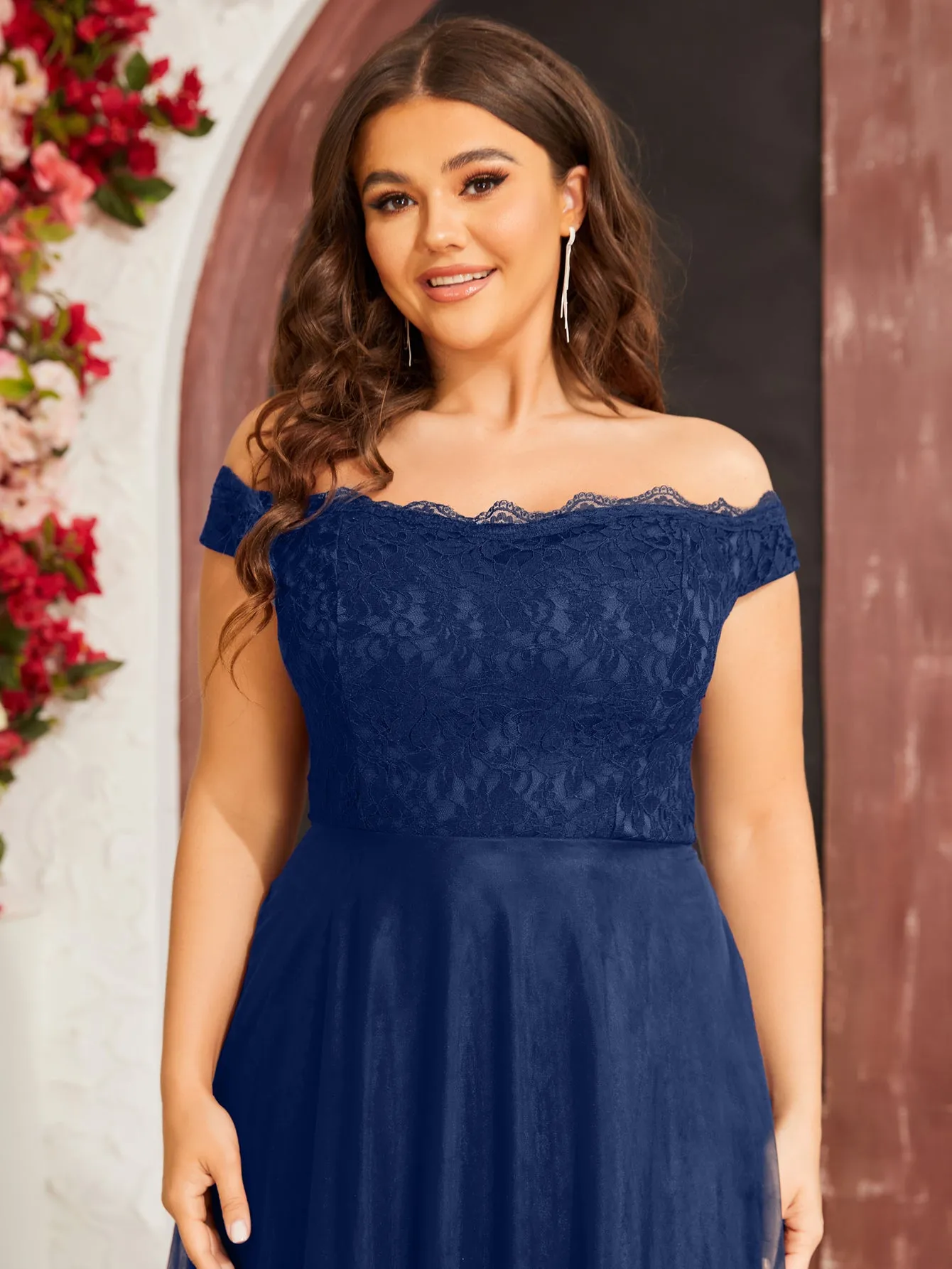 Women Plus Size Off Shoulder Floral Lace Mesh Hem Formal Prom Dresses