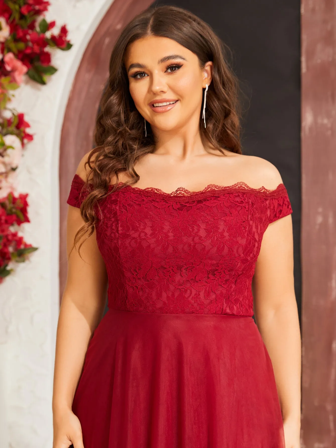 Women Plus Size Off Shoulder Floral Lace Mesh Hem Formal Prom Dresses