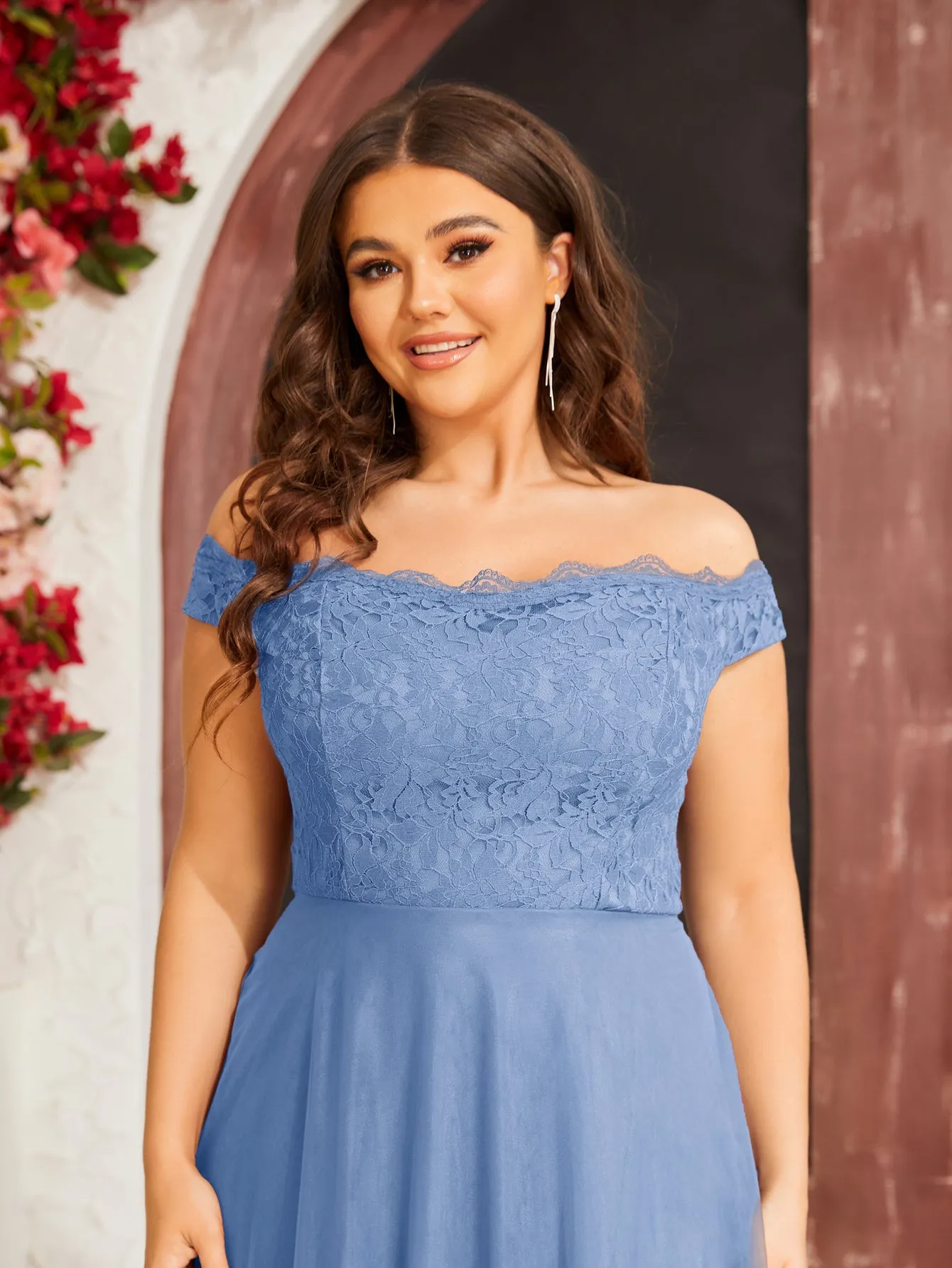 Women Plus Size Off Shoulder Floral Lace Mesh Hem Formal Prom Dresses