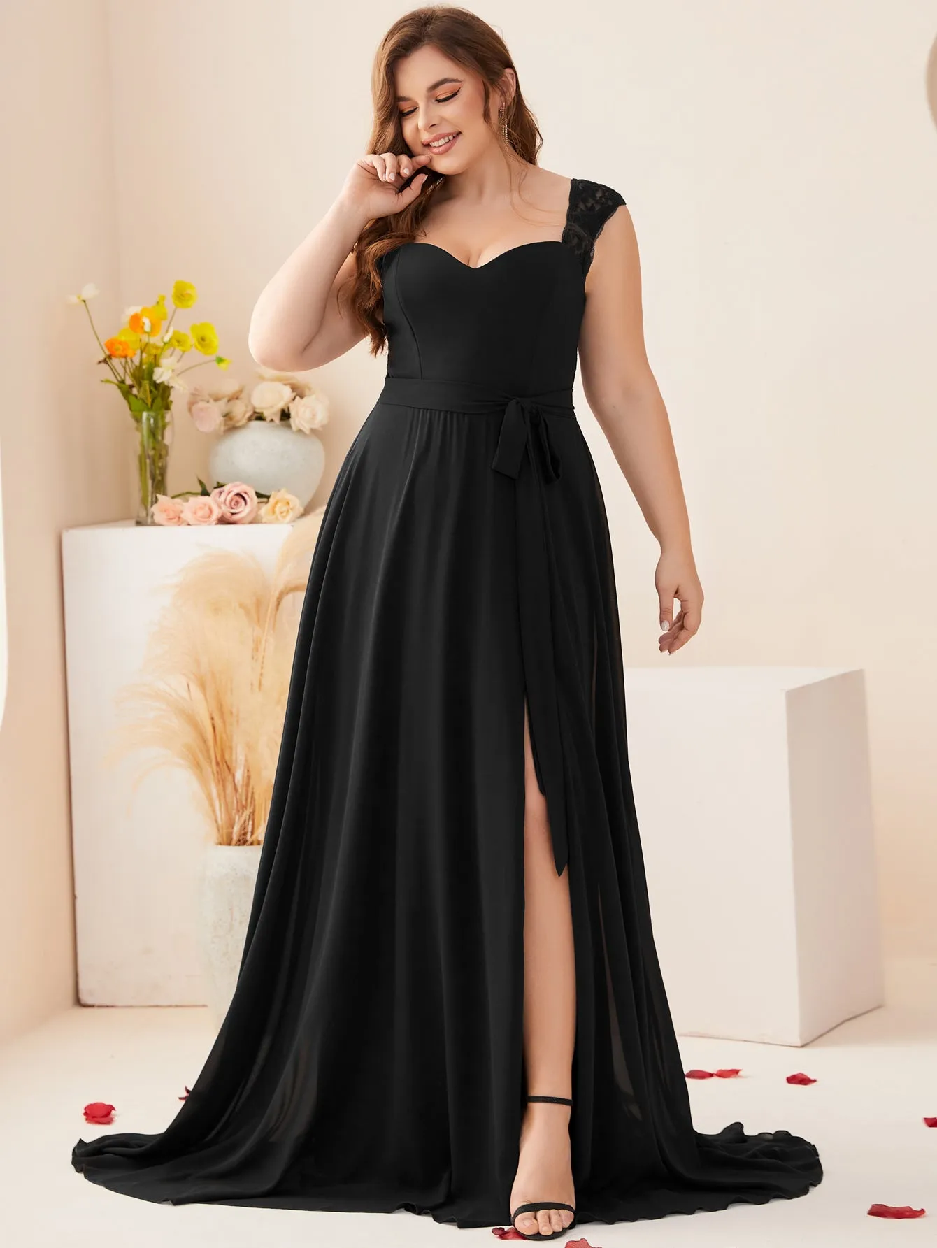 Women Plus Size Sweet Heart Neck Floral Lace Chiffon Split Thigh Bridesmaid Dresses