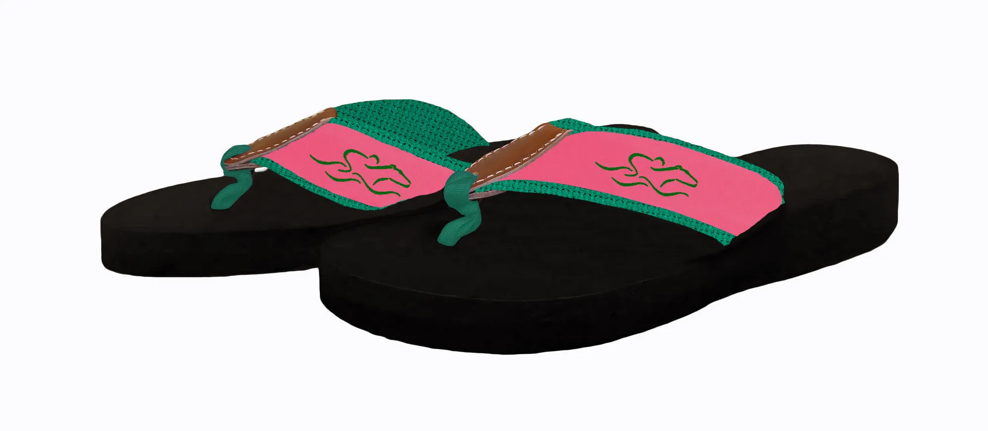 Womens Signature Horse Racing Flip Flops - Pink & Green